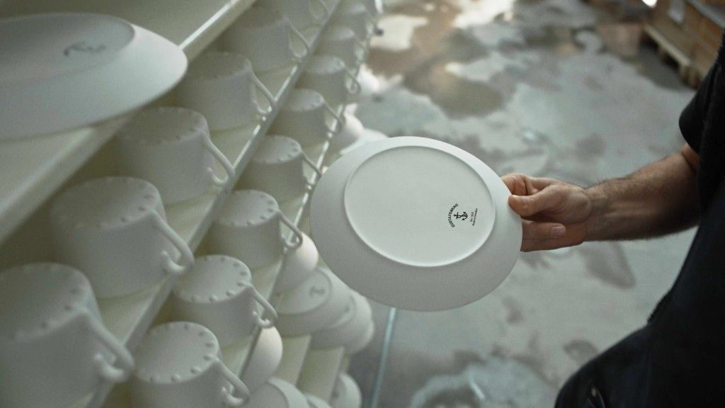 Gustafsberg porcelain mark on a plate in the factory.